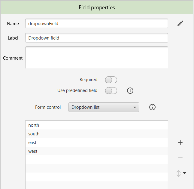 Field properties panel showing dropdown values for a field (north, south, east, west)