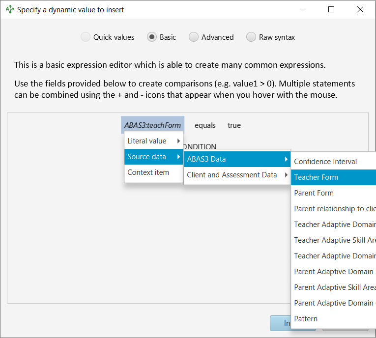 Basic expression editing panel