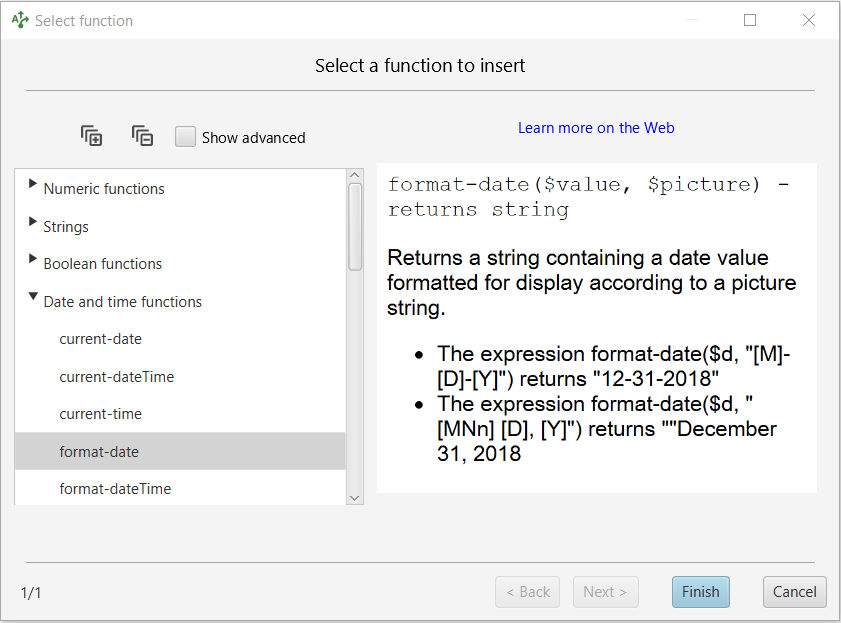 Functions dialog opened from the Advanced expression editing panel