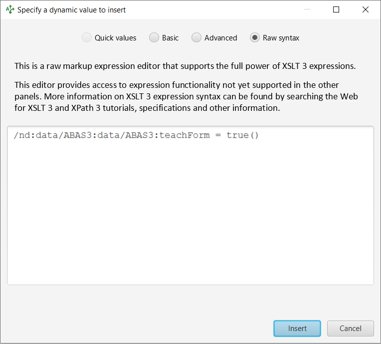 Raw syntax expression editing panel