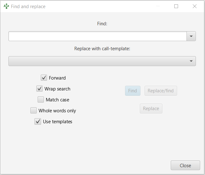 Find/replace dialog with the Use templates option selected
