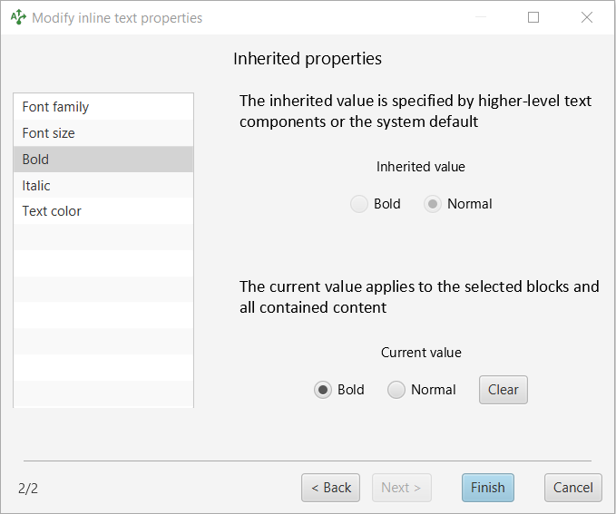 Inherited properties wizard for inline text spans