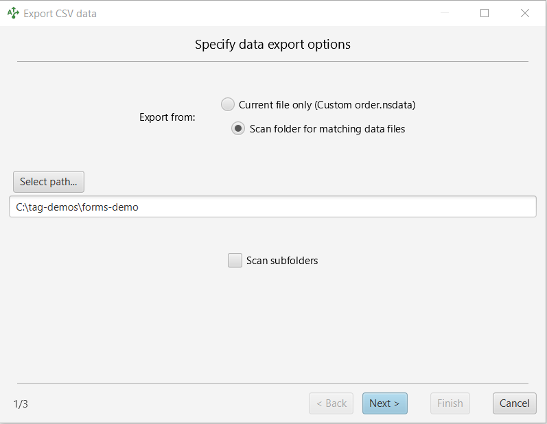 CSV export dialog where you can export from one file or several