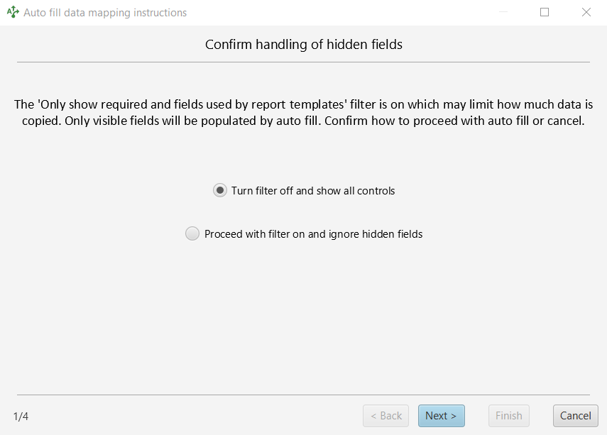 First page of wizard confirms how to handle hidden fields