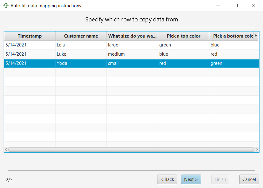 Table view of rows in the CSV