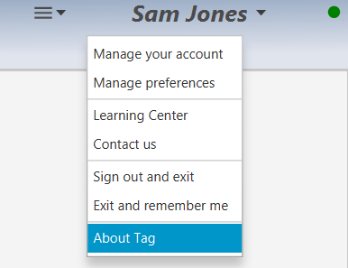 Shows Account menu on main header panel that has user name as a label