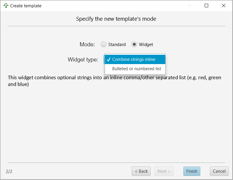 Create template dialog showing the available widget template types